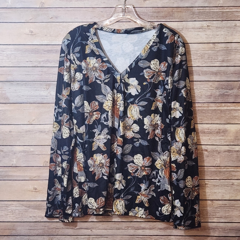 Floral V-Neck Long Sleeve Top - Picture 1 of 3